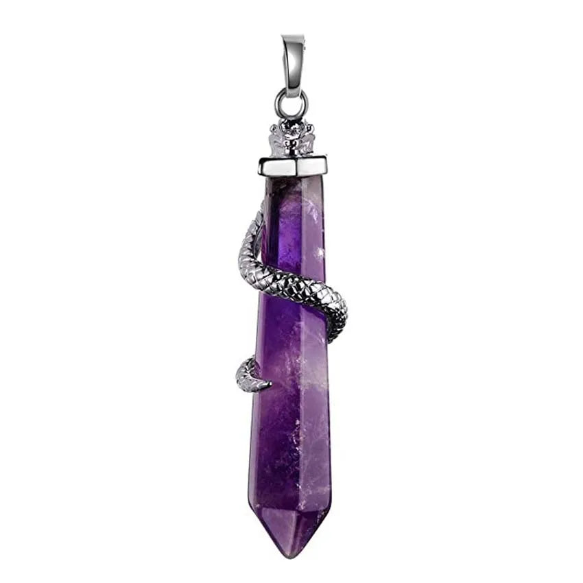 Snake Wrapped Crystal Hexagon Column Stone Pendulum Pendants