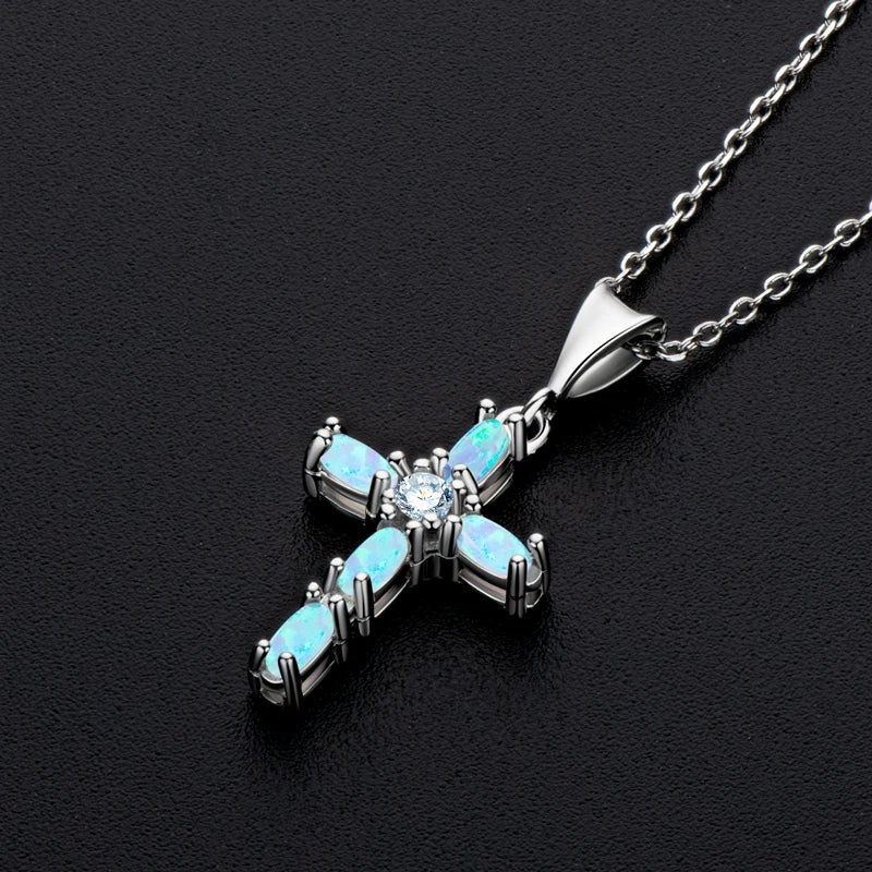 Blue Synthetic Opal Cross Pendant Necklace 925 Sterling Silver Vintage Silver Color