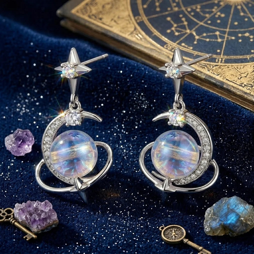 Authentic 925 Silver Star Zircon Moon Planet Drop Earrings Dreamy Aurora Moonstone Dangle Earring