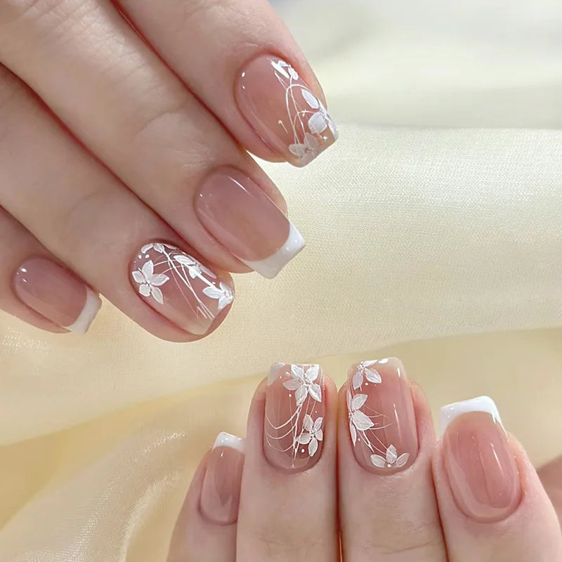 24Pcs French Tip Handmade Press On Nails Minimalist Solid Color Fake Nails Medium Square Full Cover Press On Nail Tips