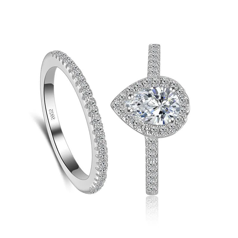 Luxury 925 Sterling Silver  ring set Jewelry Teardrop Zircon CZ Diamant Ring Set