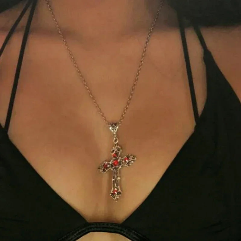 Punk Crystal Big Cross Pendant Necklaces for Women Men Gothic Irregular Cross Clavicle Chain Necklaces