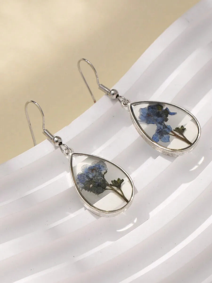 Gorgeous Dried Flower Pressed Resin Forget Me Not Blue Drop Earrings For Women