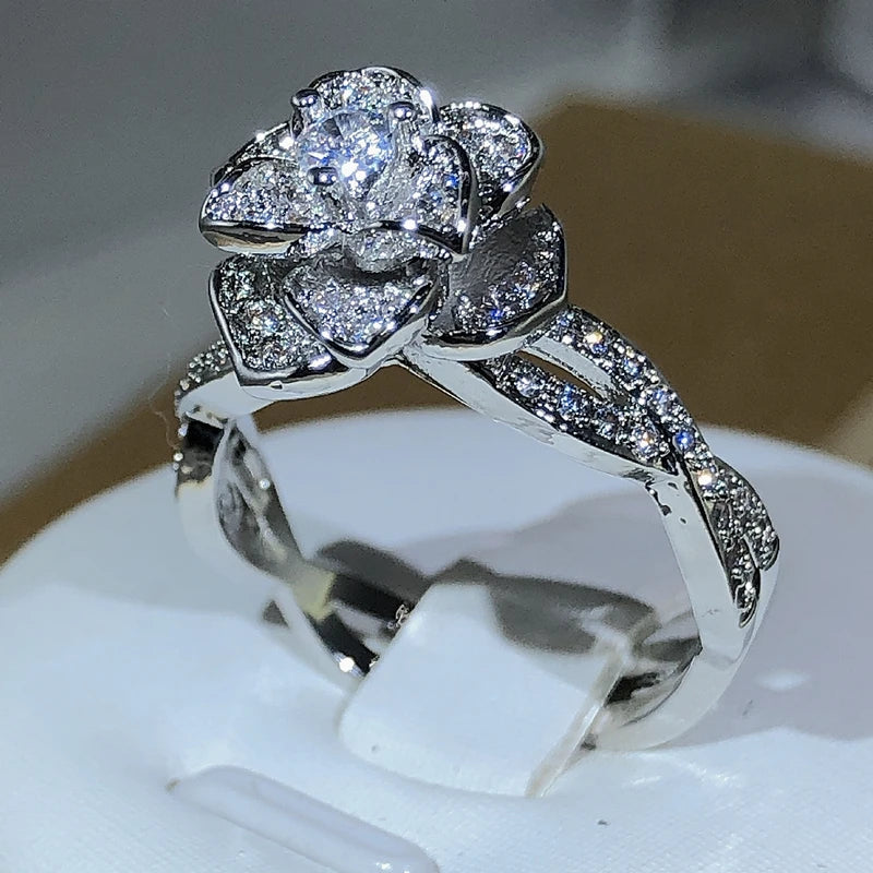 925 Sterling Silver InterTwined Three-Dimensional Rose Ring White Zircon
