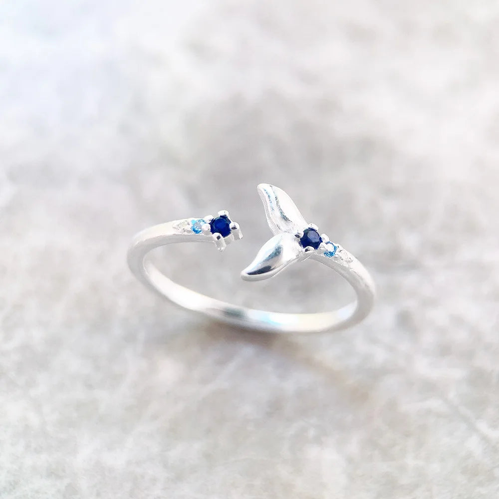 Dolphin Tail Ring With Blue Stones, Europe Style Glam Fine Jewerly For Women
