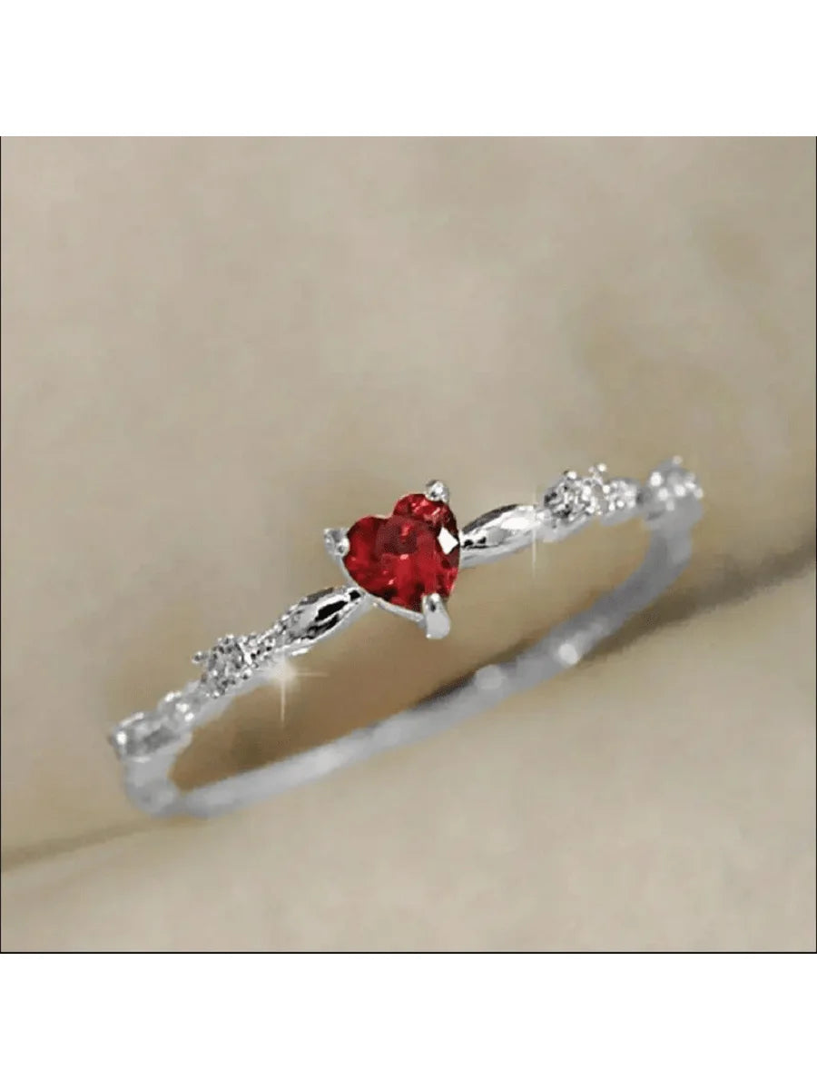 Minimalist Heart Shape Ring With Red Stone And Crystal Accents For Daily Wear