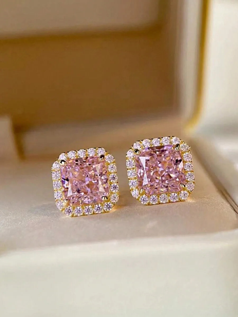 Square Cut Pink Cubic Zirconia Halo Stud Earrings For Women