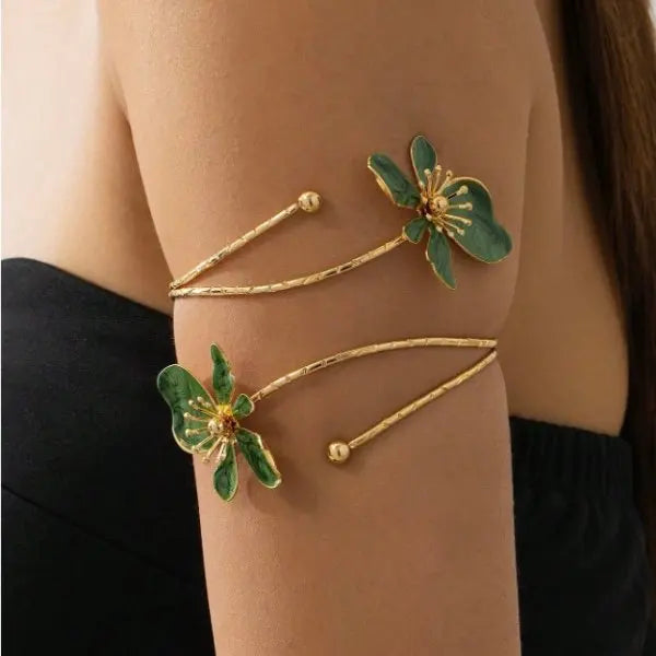 Elegant Sexy Flower Open Cuff Armlet for Women Vintage Enamel Glaze Craft Floral Adjustable Arm Bracelet