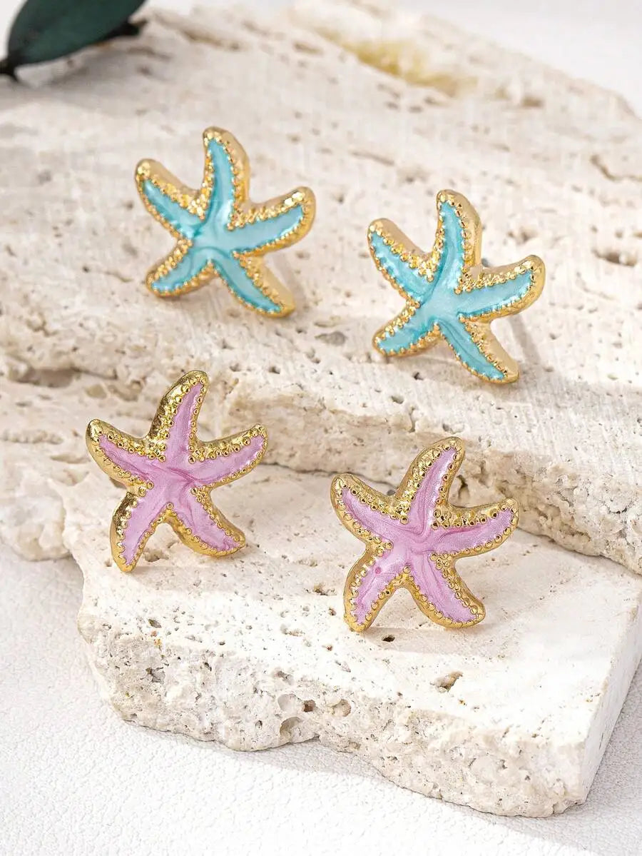 Beautiful Pink Enamel Starfish Stud Earrings With Gold-Tone Alloy Frame For Women