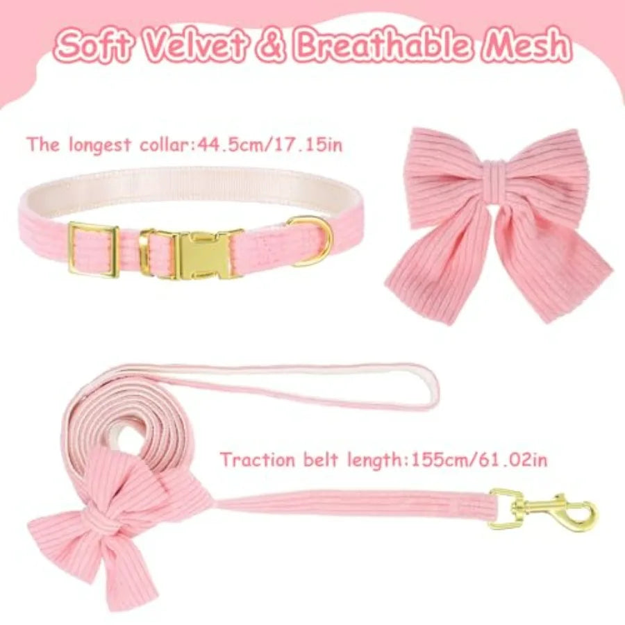 2pcs Dog Collar and Leash Set with Bowtie Cute Small Dog Collar Harness Leash Set Adjustable Breathable Soft Padded