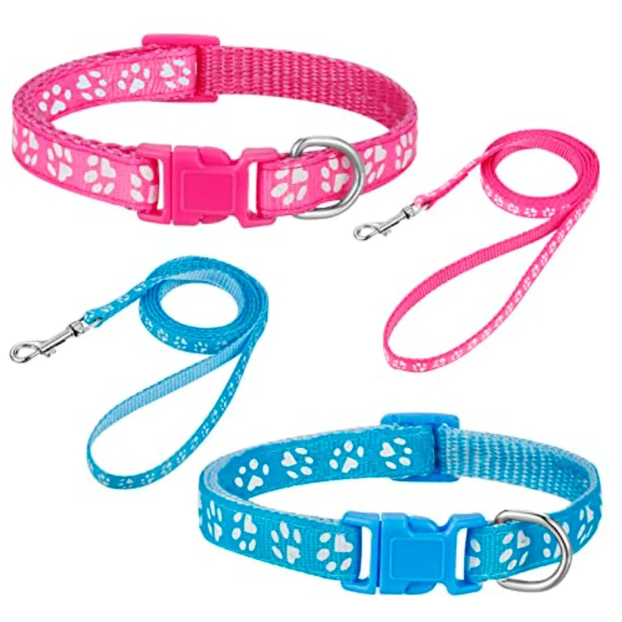 2 Packs Dog Collar and Leash Set, Puppy Collar and Lead Set Quick Release Buckle Adjustable Paw Print