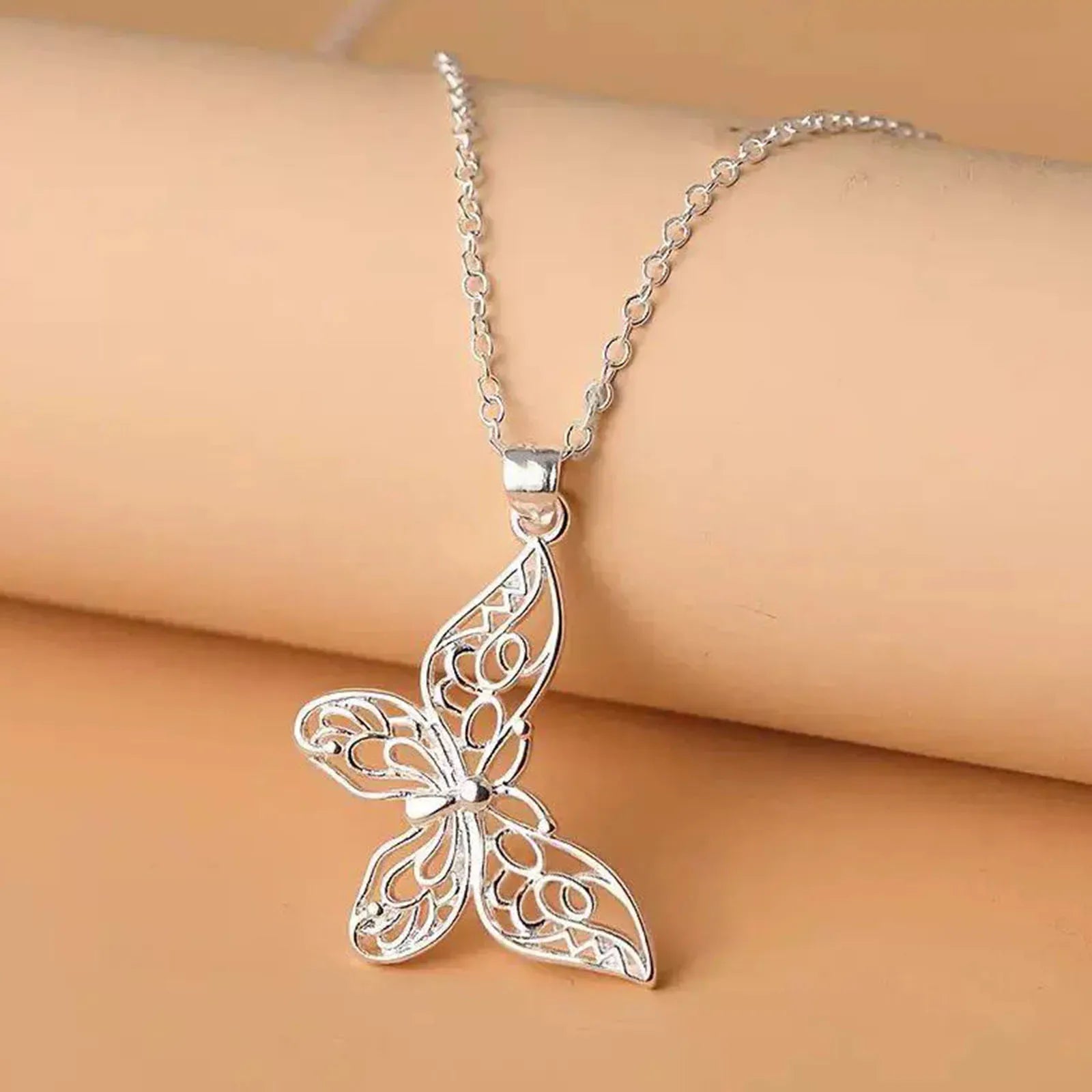 Elegant 925 Sterling Silver Butterfly Pendant Necklace Snake Chain For Women