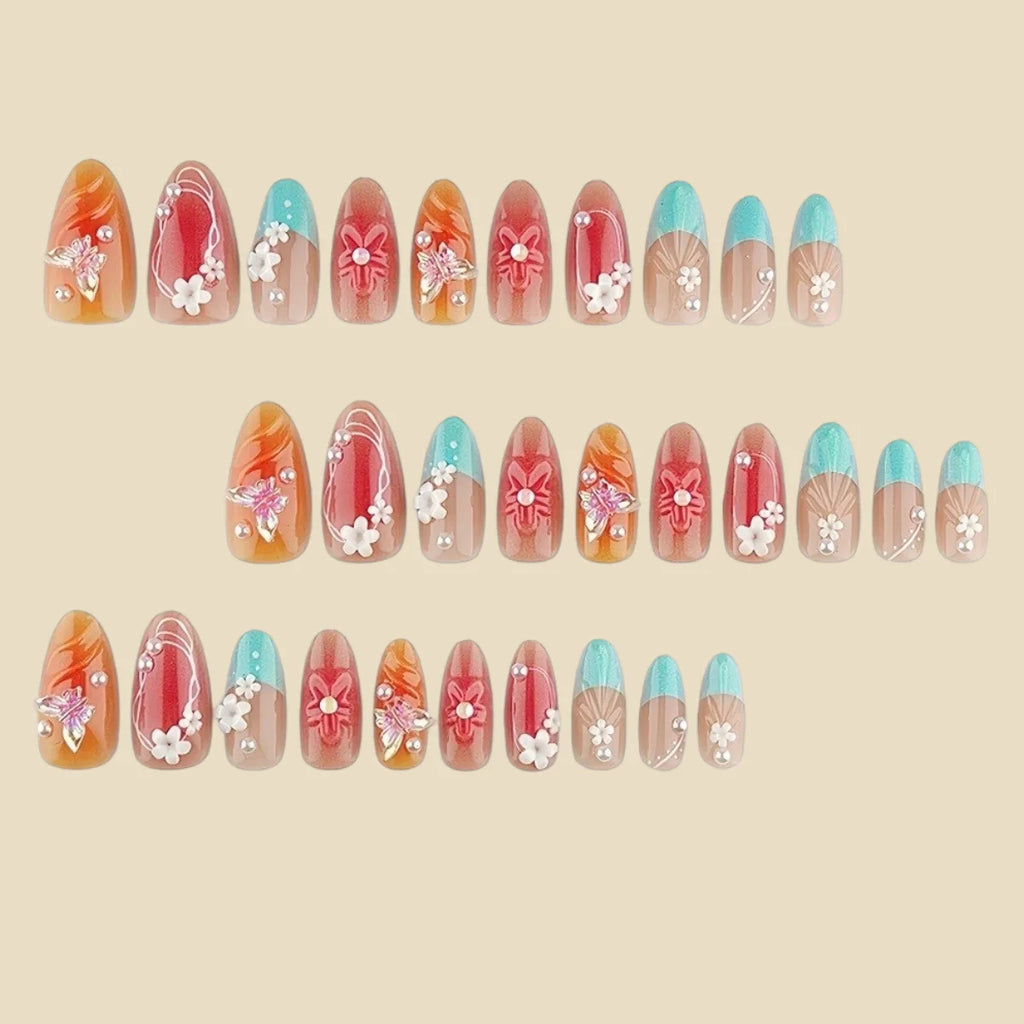 24Pcs fake nail art, 3D three-dimensional flower pearl gentle fake nail
